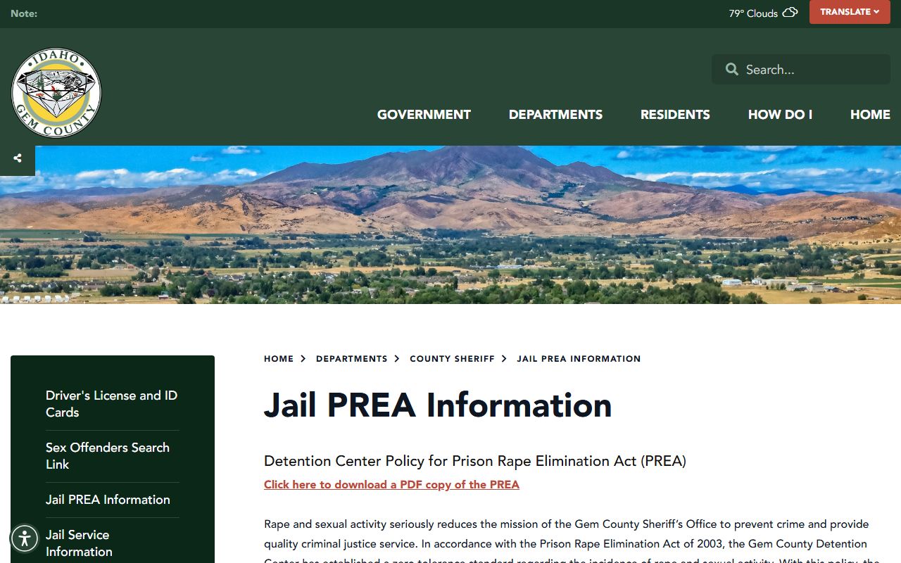 Gem County Detention Center PREA reporting and jail conditions information