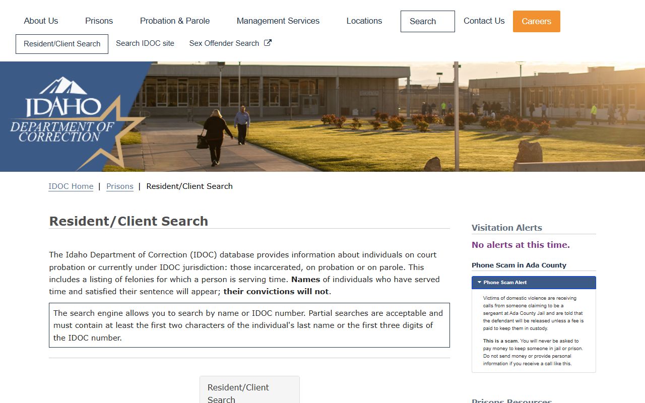 Gem County inmate search through Idaho Department of Correction resident client search